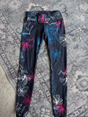 Fabletics Black Floral Print Leggings with Blue & Pink Accents